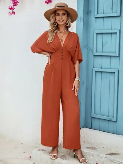 TEEK - Terracotta Button V-Neck Half Sleeve Jumpsuit