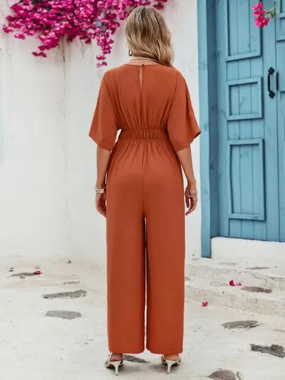 TEEK - Terracotta Button V-Neck Half Sleeve Jumpsuit