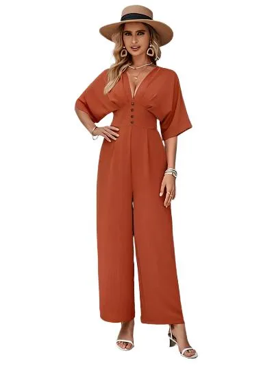 TEEK - Terracotta Button V-Neck Half Sleeve Jumpsuit