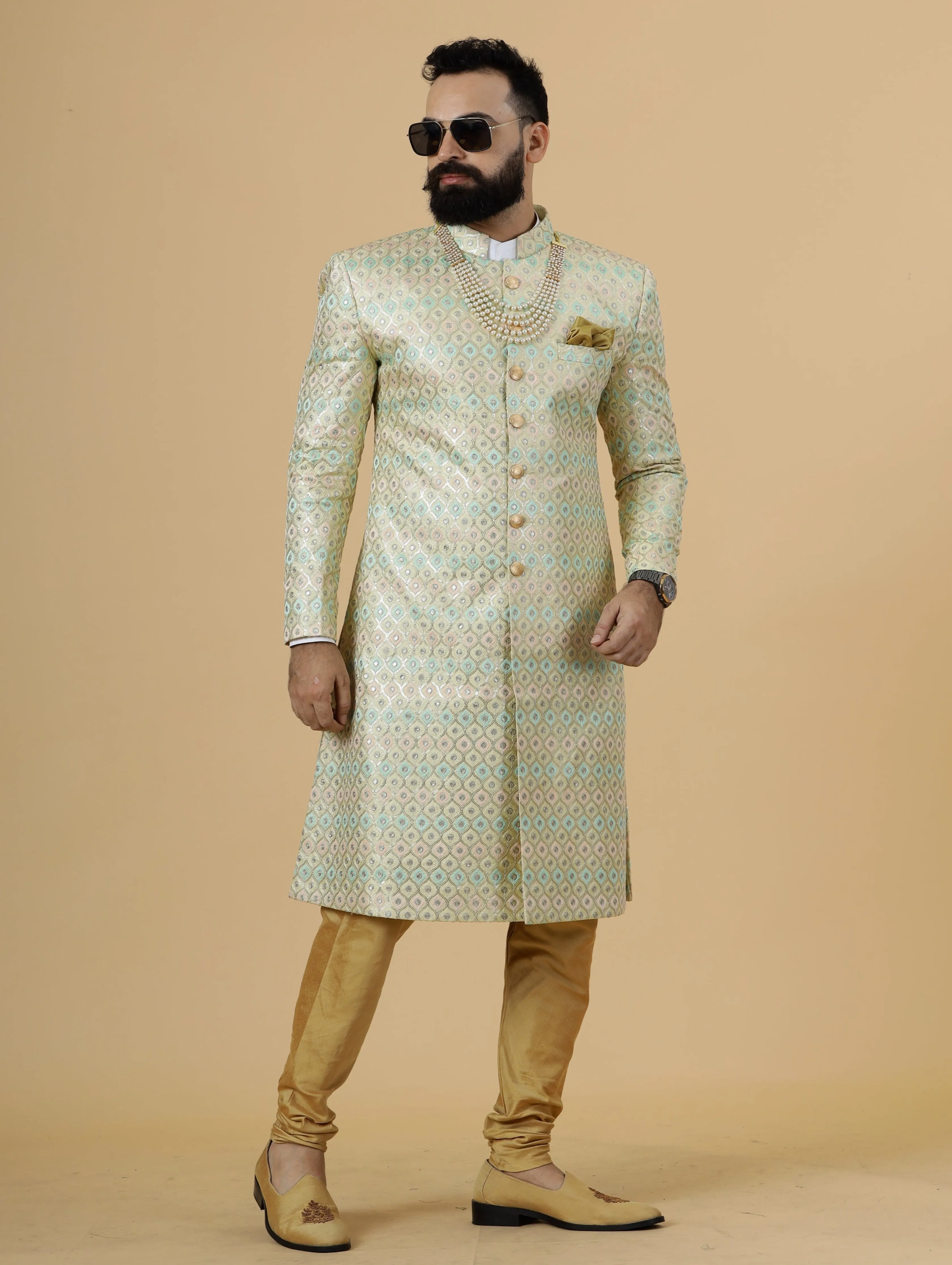 Traditional Lemon-Yellow Sequin Embroidered Sherwani for Men | Father Son Combo | Perfect Groom Wear