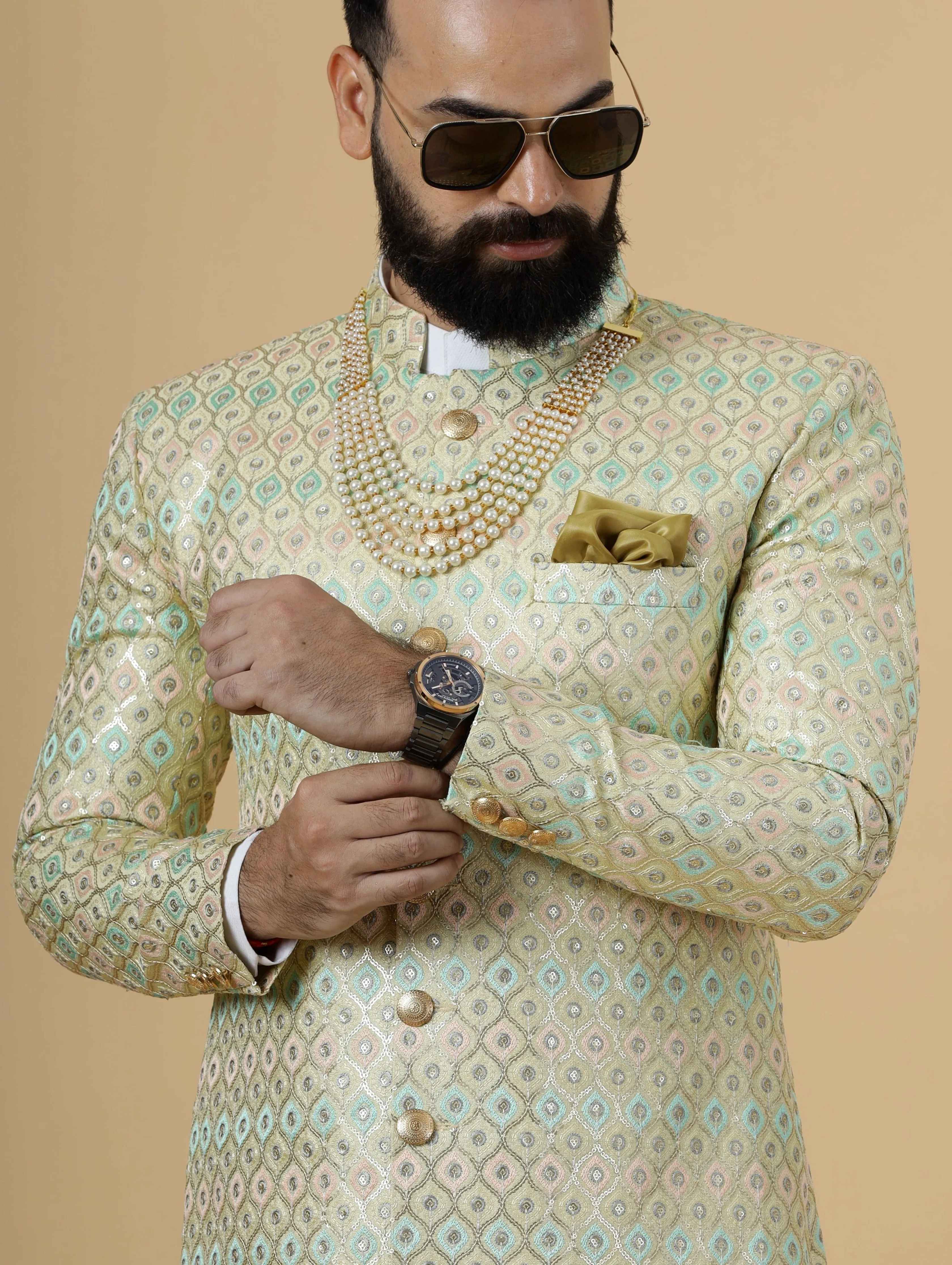 Traditional Lemon-Yellow Sequin Embroidered Sherwani for Men | Father Son Combo | Perfect Groom Wear