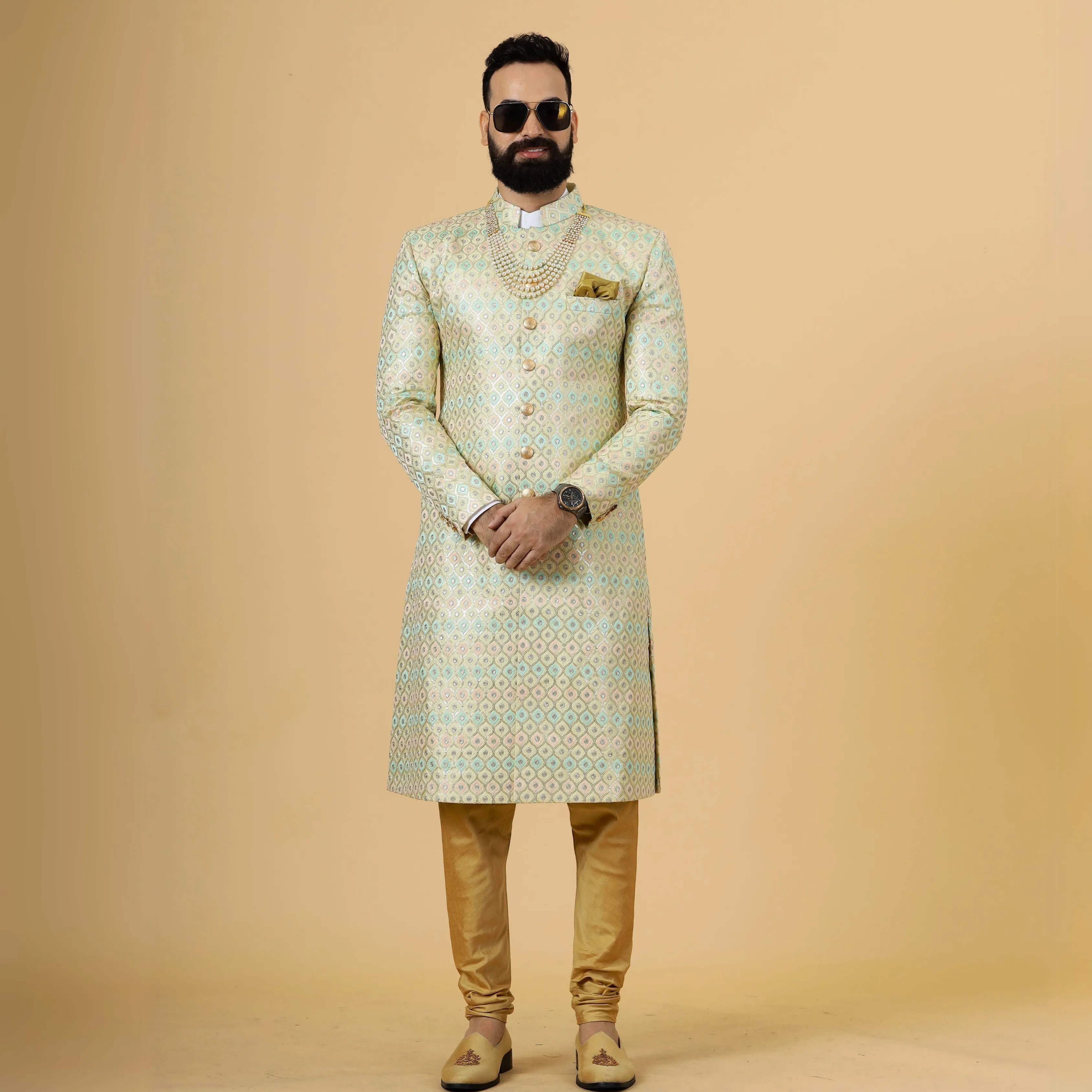 Traditional Lemon-Yellow Sequin Embroidered Sherwani for Men | Father Son Combo | Perfect Groom Wear