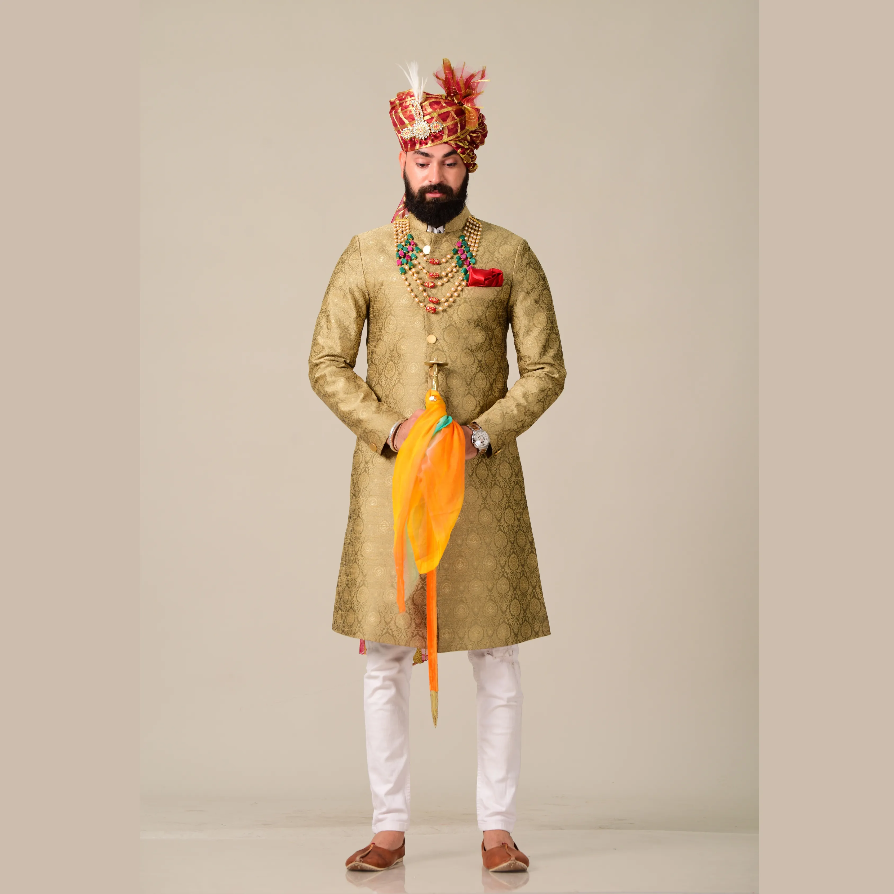 Traditional Pebble Gold Brocade Silk Designer Sherwani