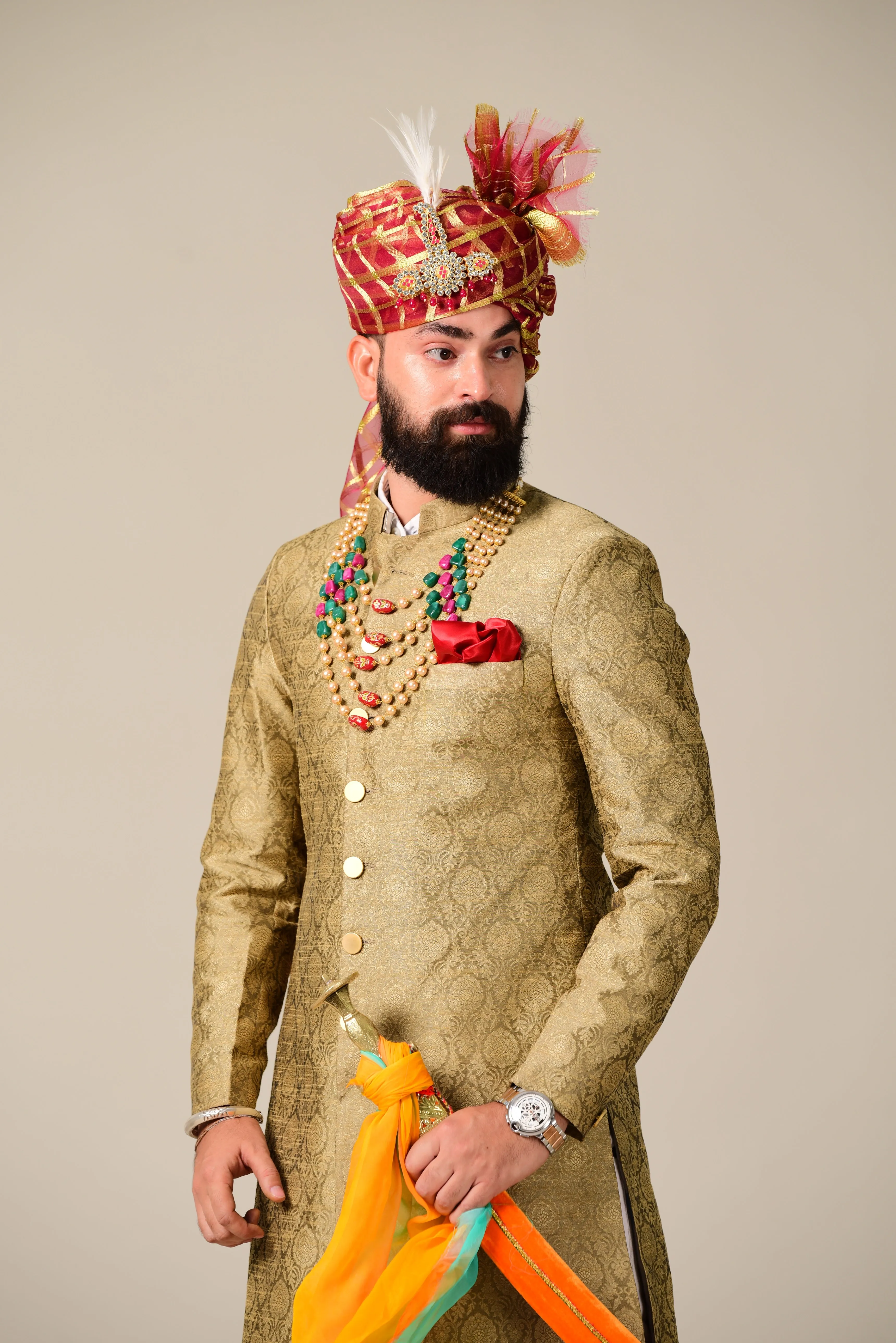 Traditional Pebble Gold Brocade Silk Designer Sherwani