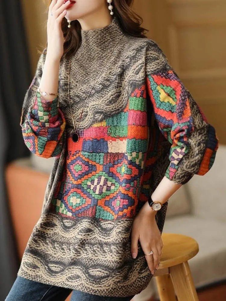 Turtleneck Printed Knitted Sweater