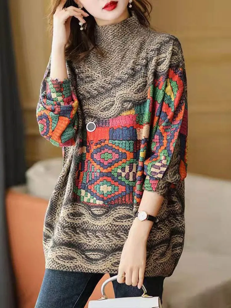 Turtleneck Printed Knitted Sweater