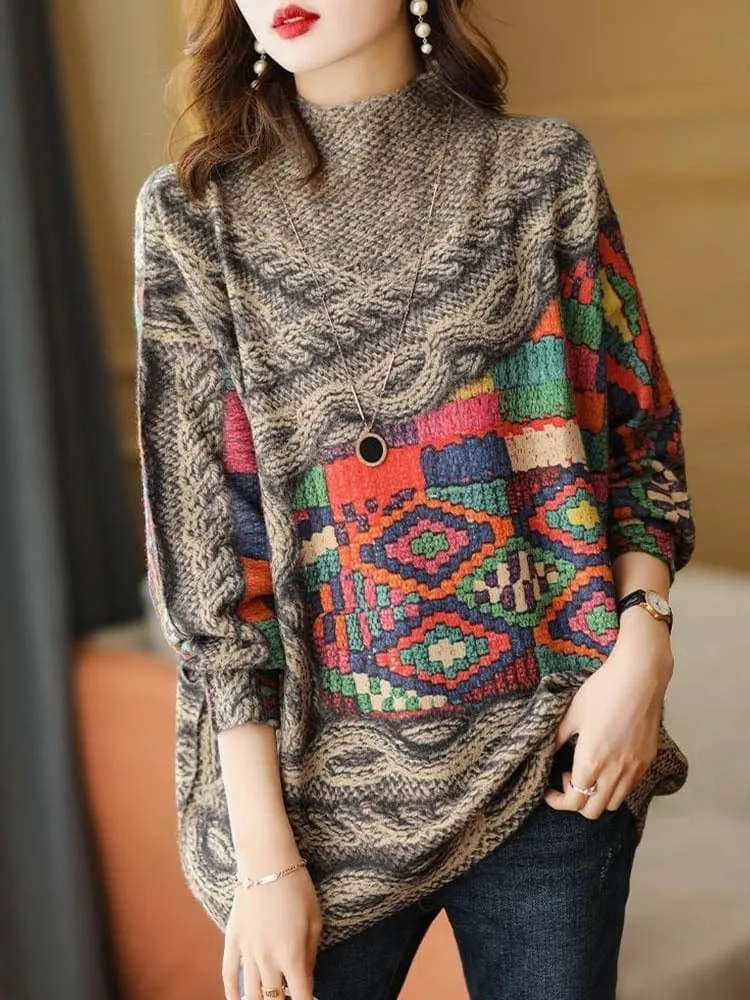 Turtleneck Printed Knitted Sweater