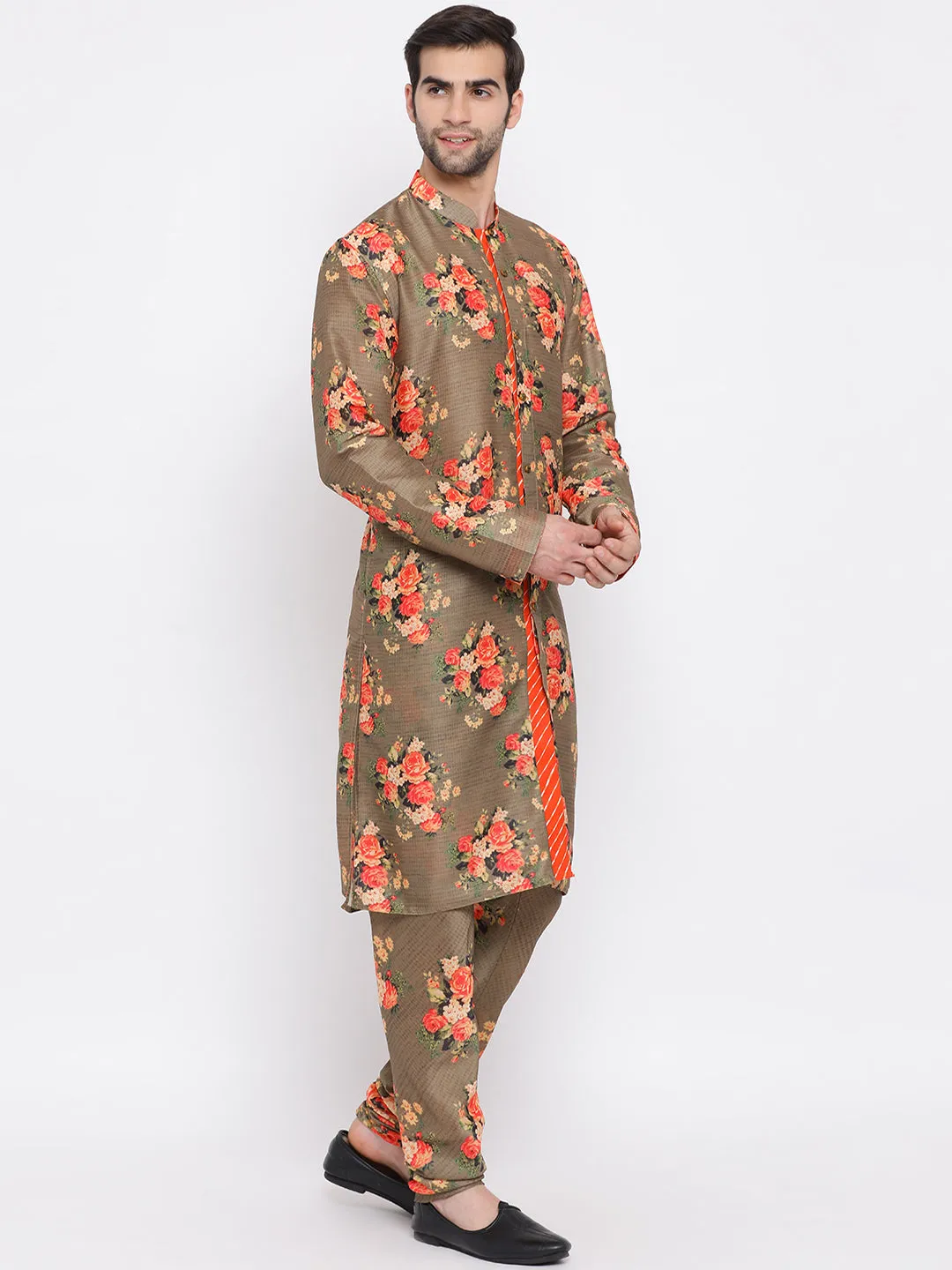 VASTRAMAY Beige Floral Printed Kurta Pyjama Set With Leharia Border