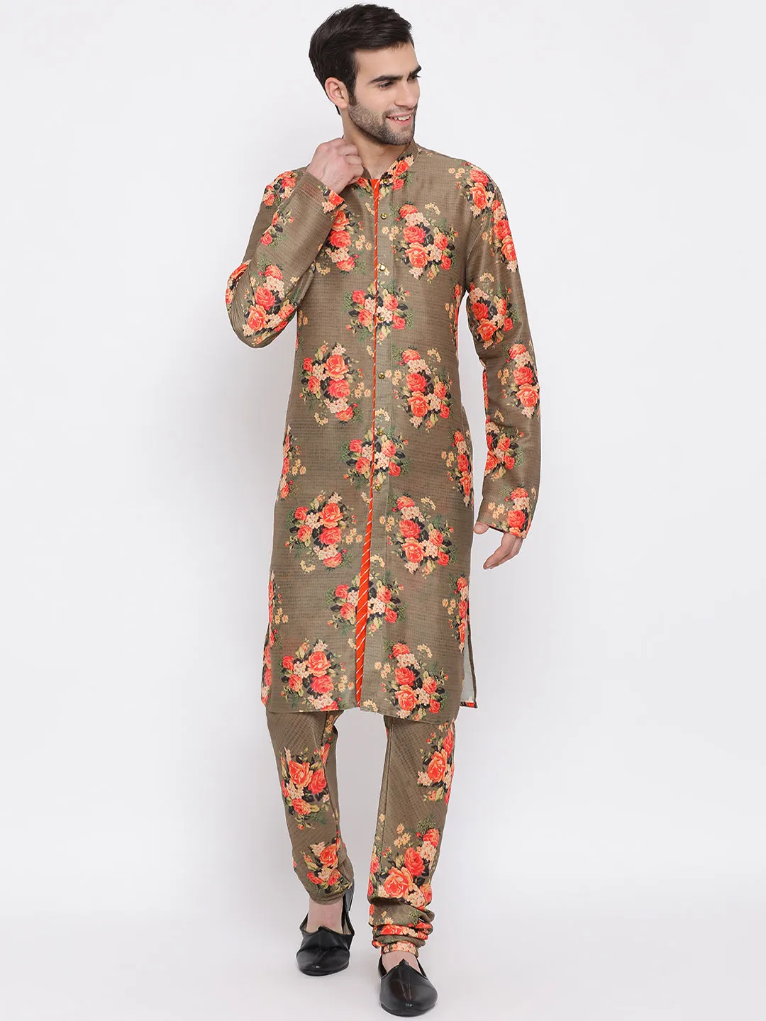 VASTRAMAY Beige Floral Printed Kurta Pyjama Set With Leharia Border