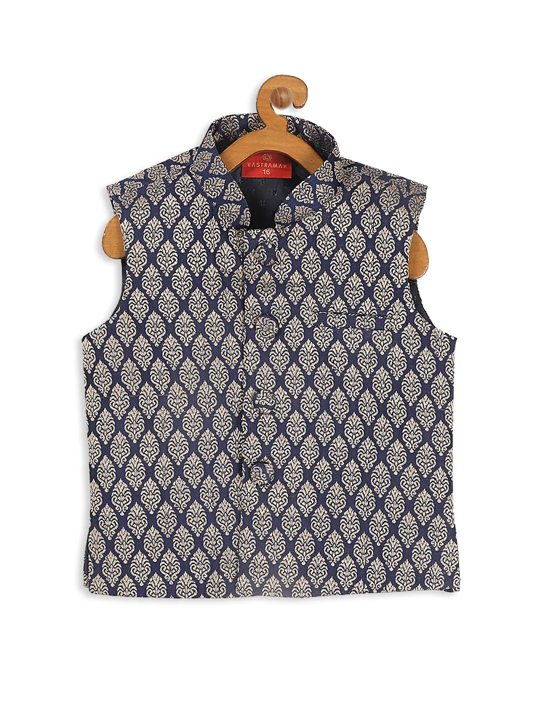 VASTRAMAY Boy's Blue Woven Design Slim Fit Nehru Jacket