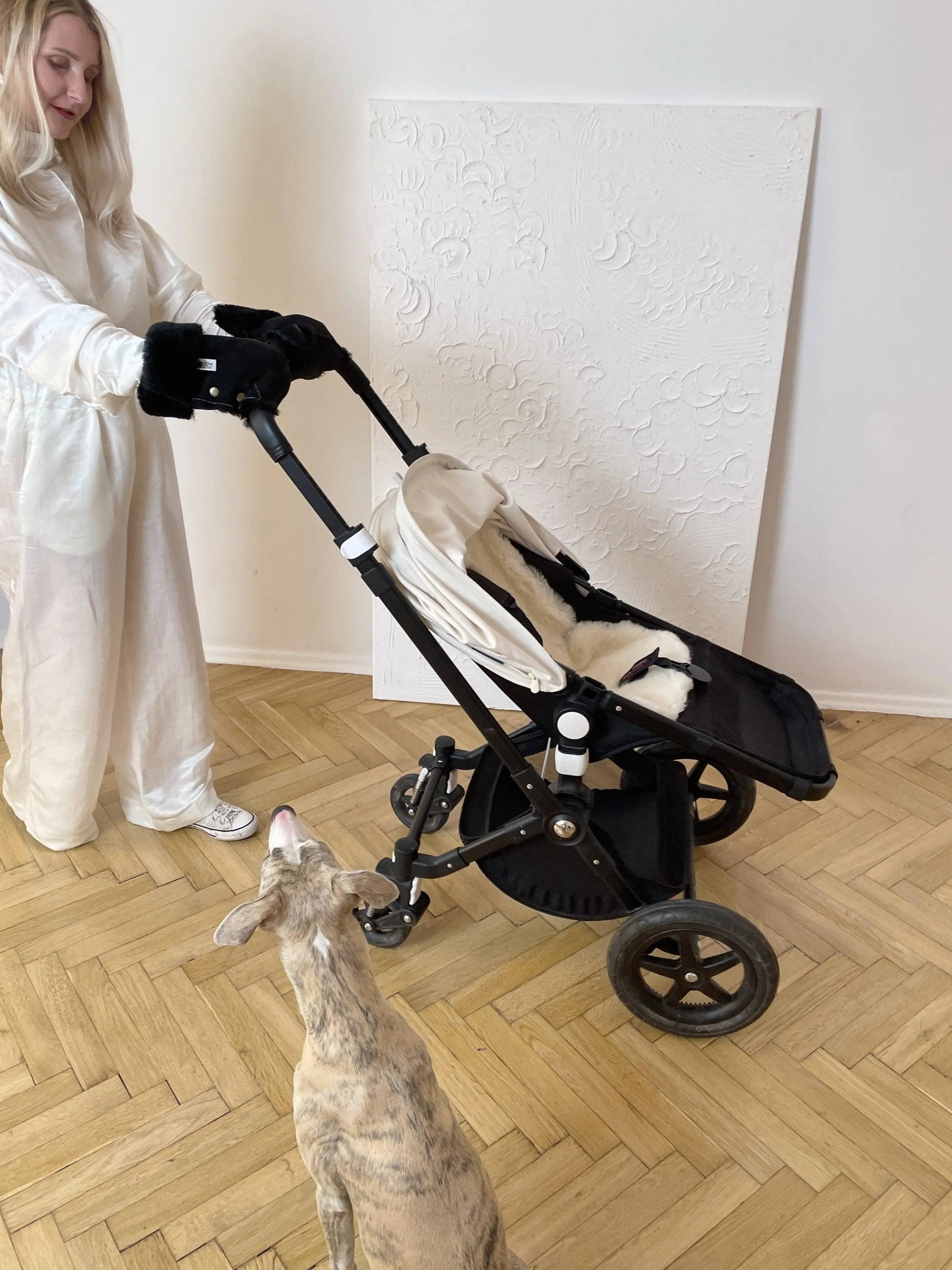 Waterproof Natural Wool Stroller Hand Muffs - White