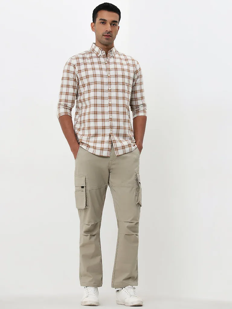 WES Casuals Beige Relaxed-Fit Mid-Rise Cargo Trousers