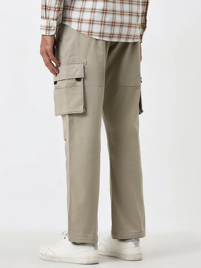 WES Casuals Beige Relaxed-Fit Mid-Rise Cargo Trousers