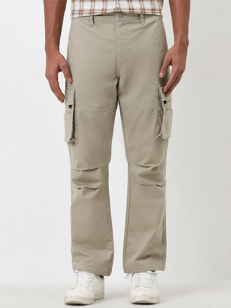 WES Casuals Beige Relaxed-Fit Mid-Rise Cargo Trousers