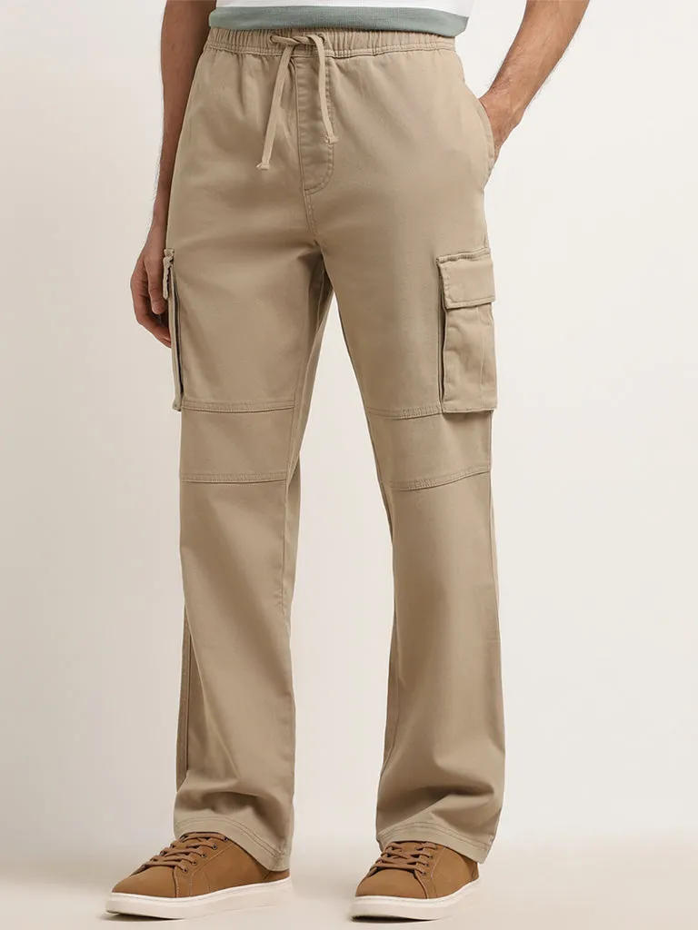 WES Casuals Beige Relaxed-Fit Mid-Rise Cotton Blend Pants