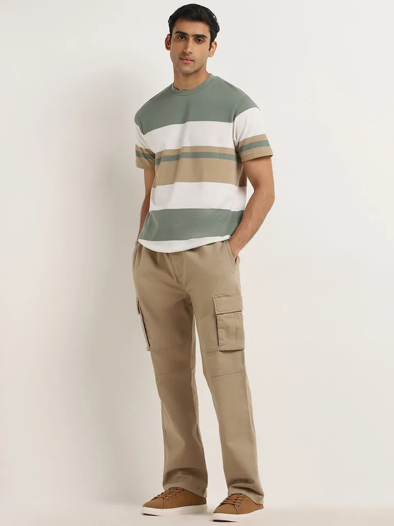 WES Casuals Beige Relaxed-Fit Mid-Rise Cotton Blend Pants