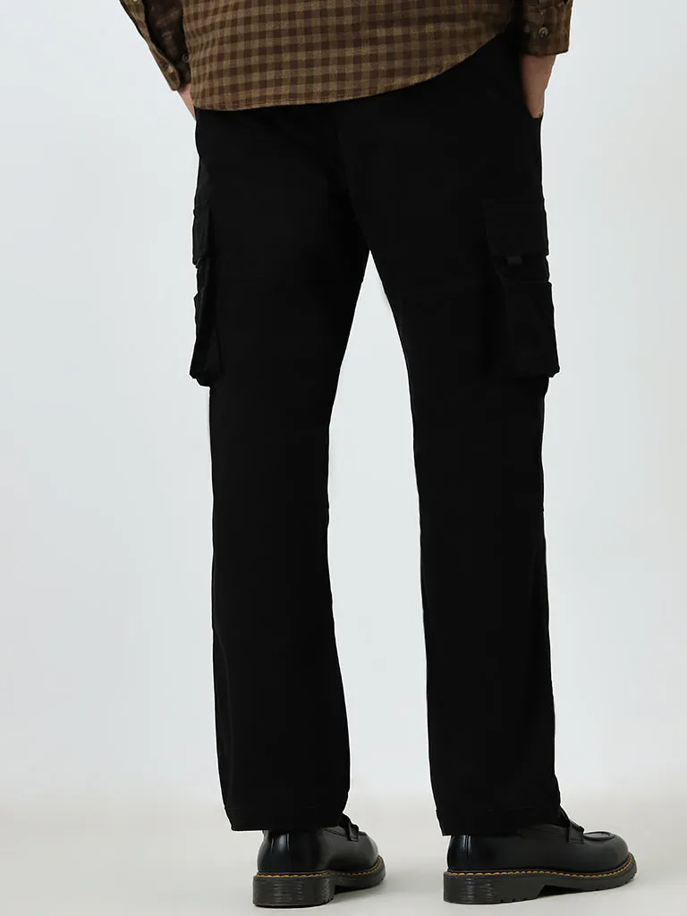 WES Casuals Black Relaxed-Fit Mid-Rise Cargo Trousers