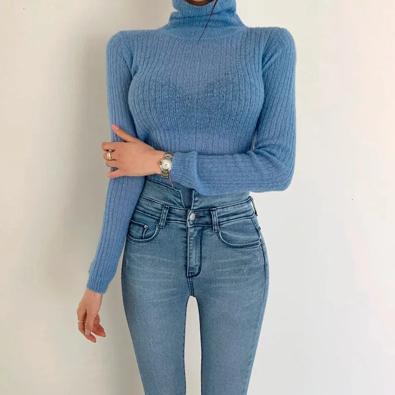 White Korean Knitted Sweater For Women Turtleneck Long Sleeve Autumn Slim Pullover Female Clothing Fashion