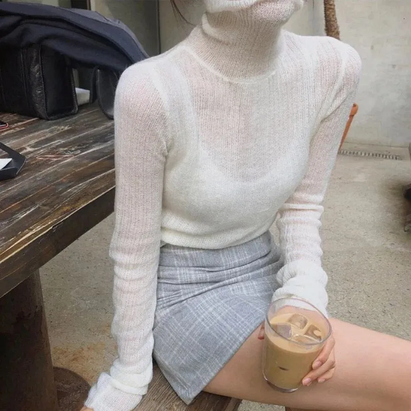 White Korean Knitted Sweater For Women Turtleneck Long Sleeve Autumn Slim Pullover Female Clothing Fashion