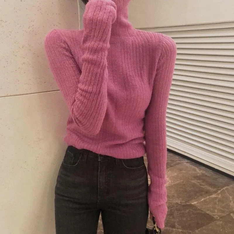 White Korean Knitted Sweater For Women Turtleneck Long Sleeve Autumn Slim Pullover Female Clothing Fashion