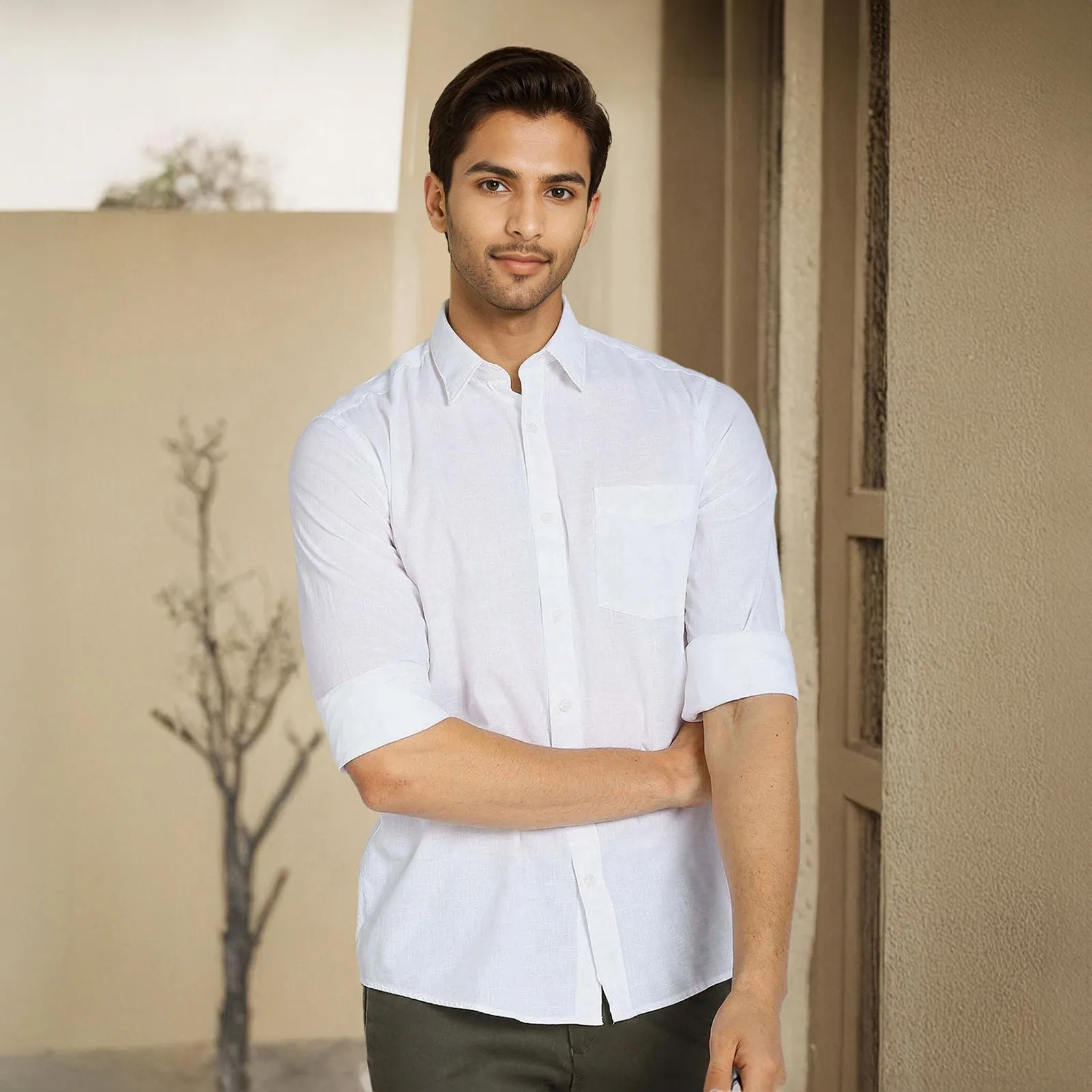 White Solid Linen Cotton Shirt for Men