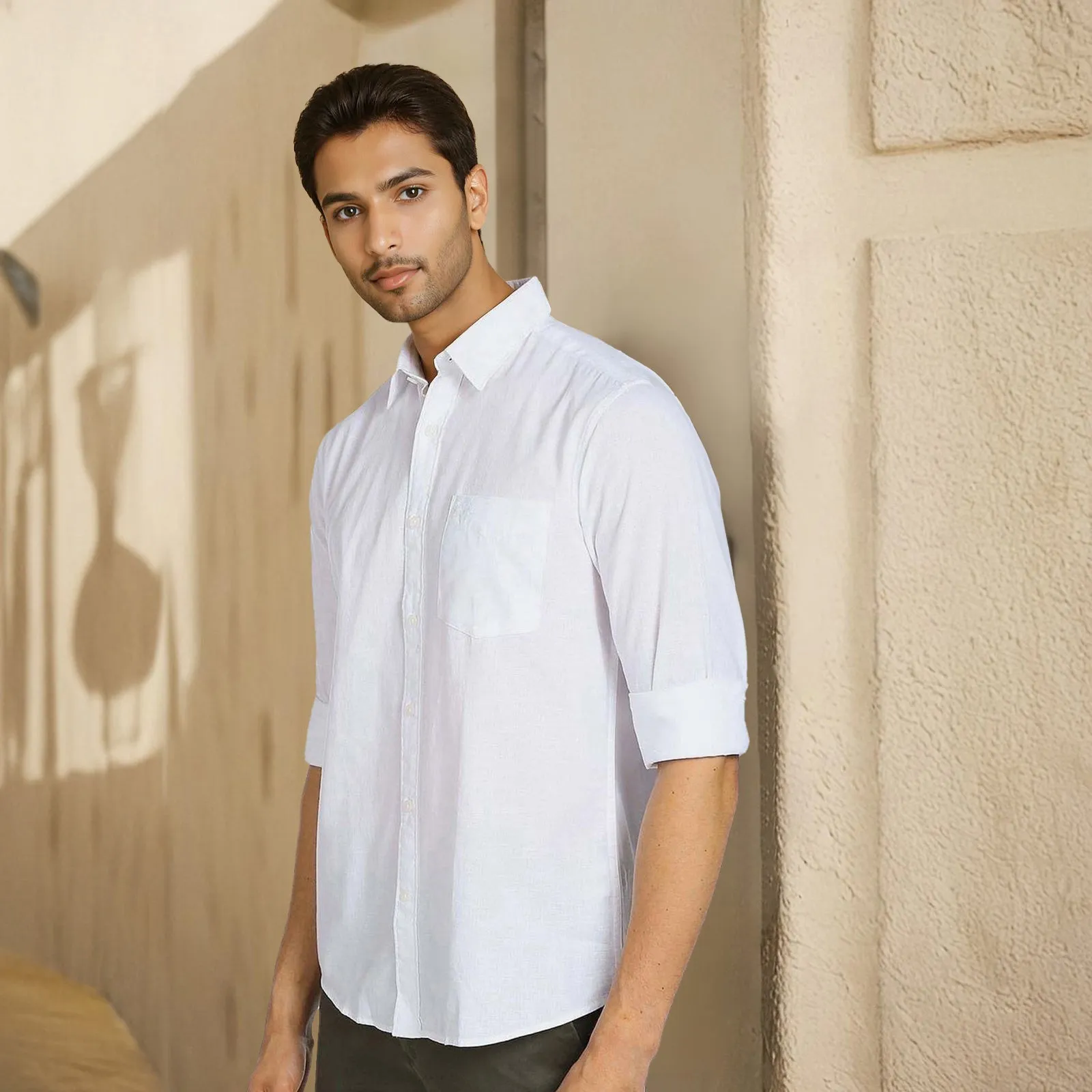 White Solid Linen Cotton Shirt for Men