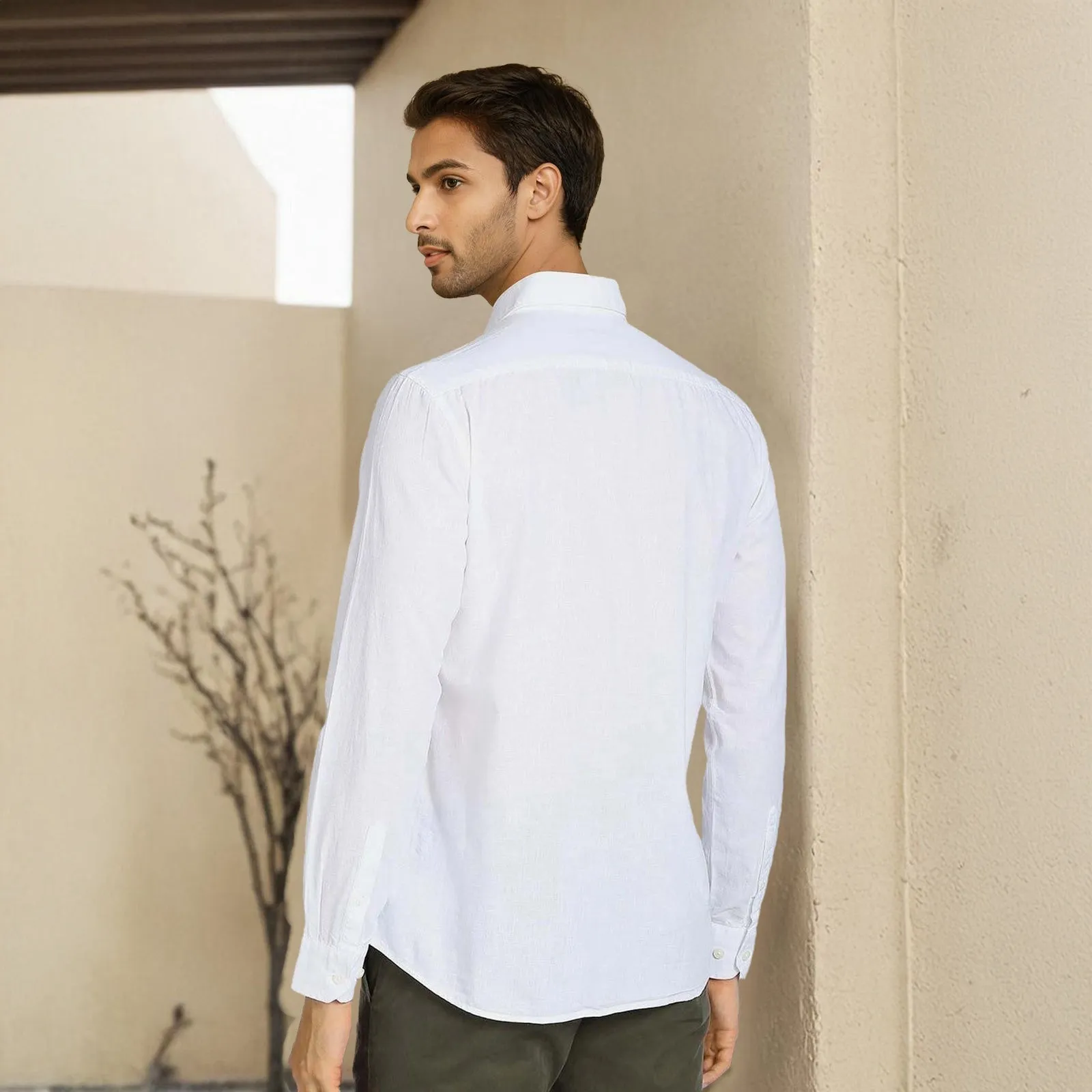 White Solid Linen Cotton Shirt for Men