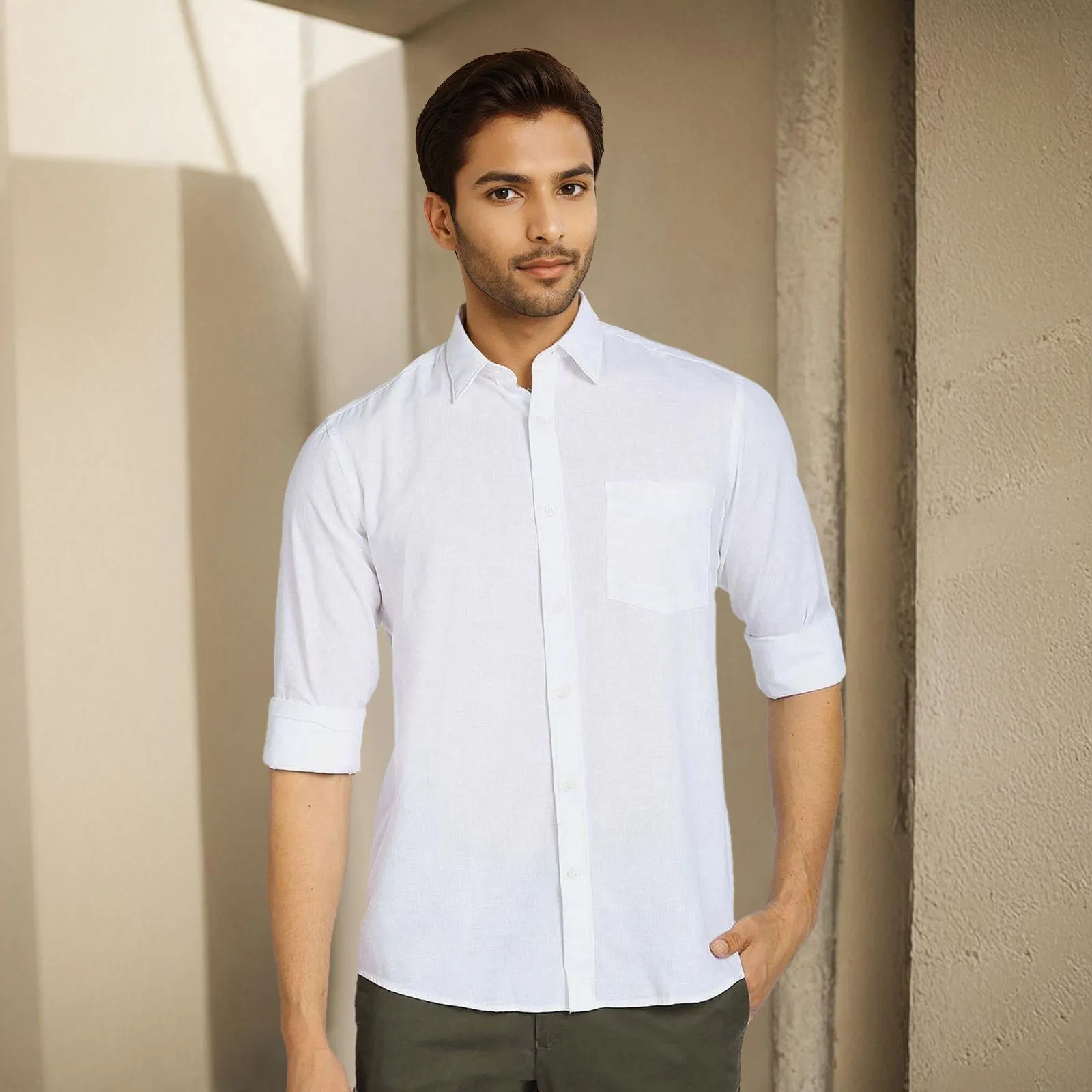 White Solid Linen Cotton Shirt for Men