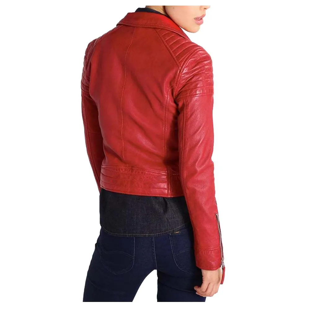 Women Red Leather Slim Fit Jacket