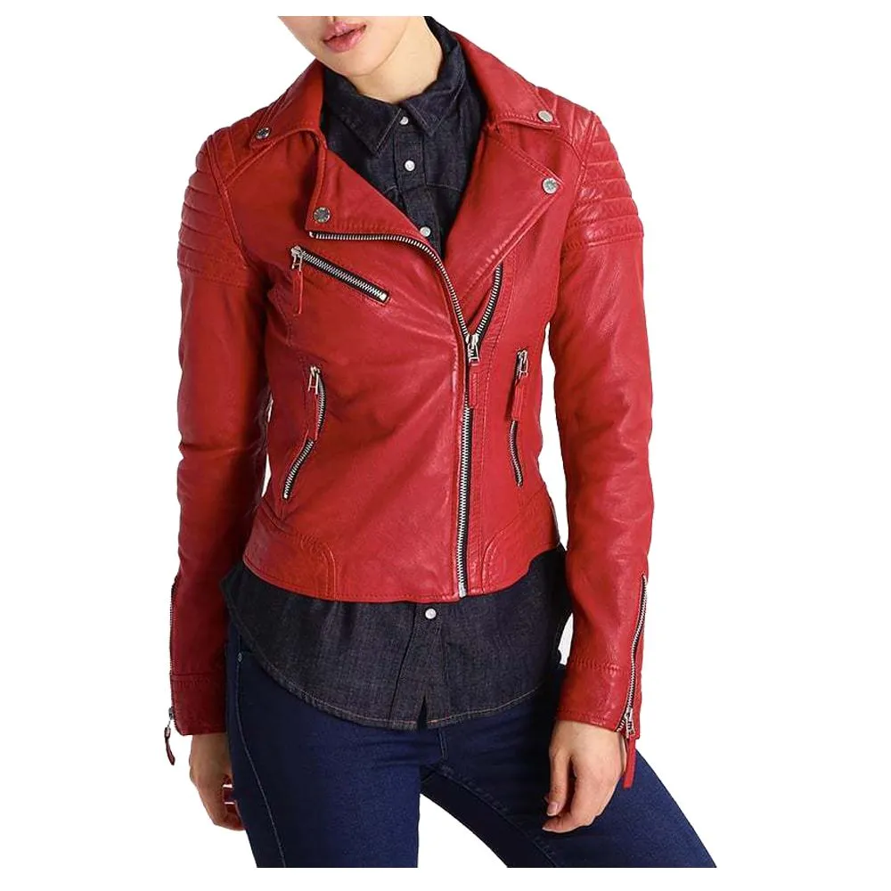 Women Red Leather Slim Fit Jacket