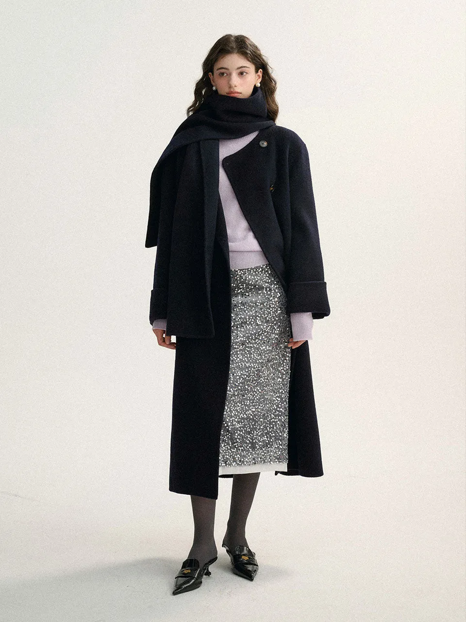 Wool double mufller coat Navy