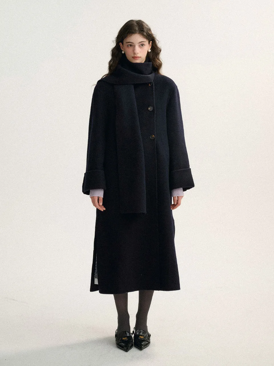 Wool double mufller coat Navy